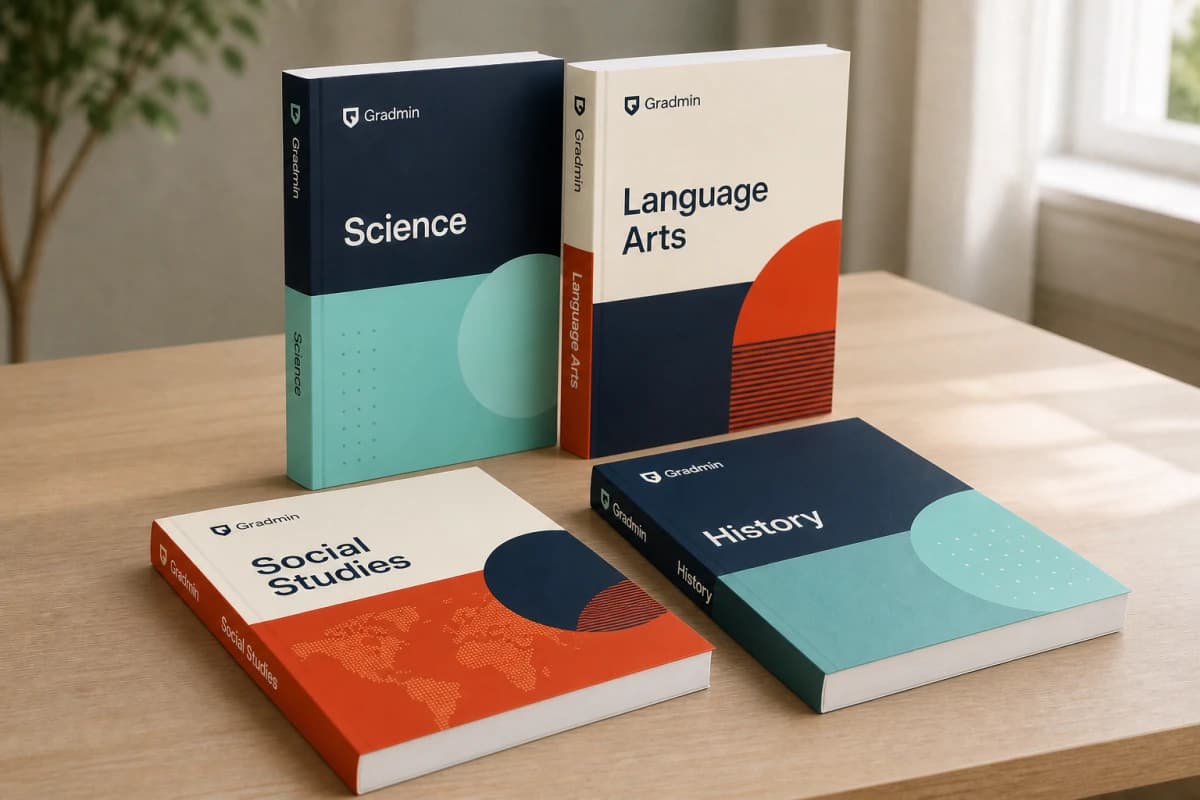 Illustrative multi-volume set of modern Gradmin A5 curriculum paperbacks arranged on a wooden table