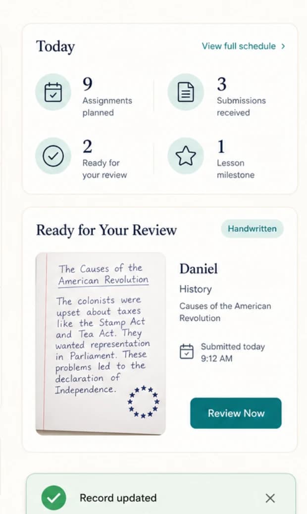 Today's summary and handwritten work ready for parent review
