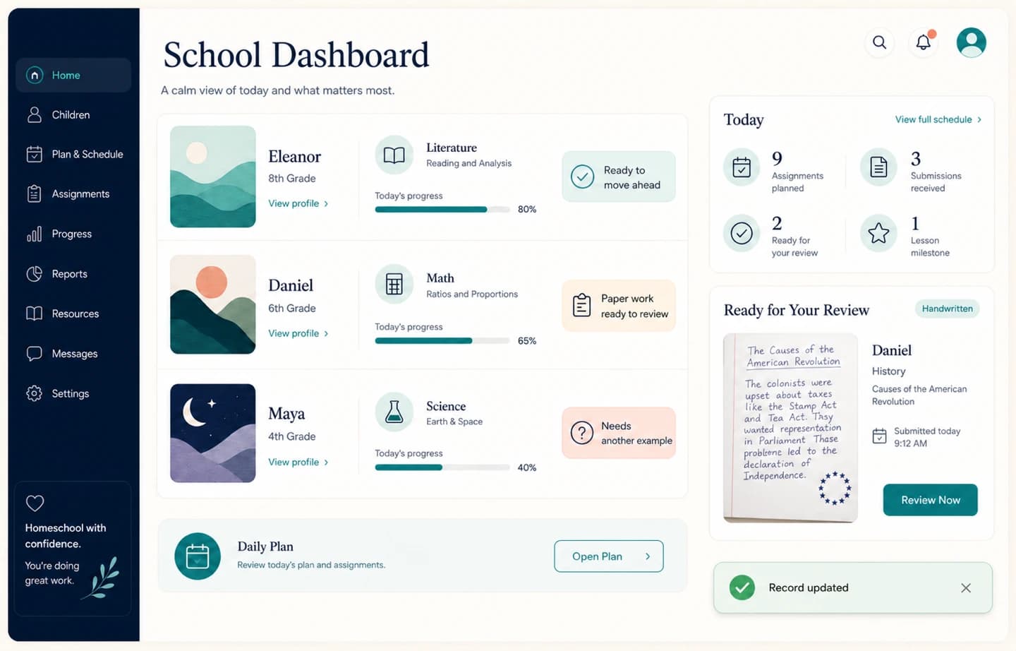 Illustrative School Dashboard showing three children's progress, today's plan, handwritten work ready for parent review, and a record update